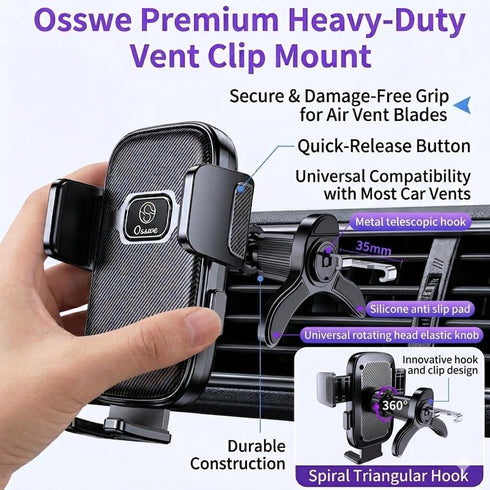 Osswe [2026 3-in-1 100lbs 360 Upgraded Car Phone Mount - Suction Force & Metal Spiral Hook Vent Clip - Military Grade