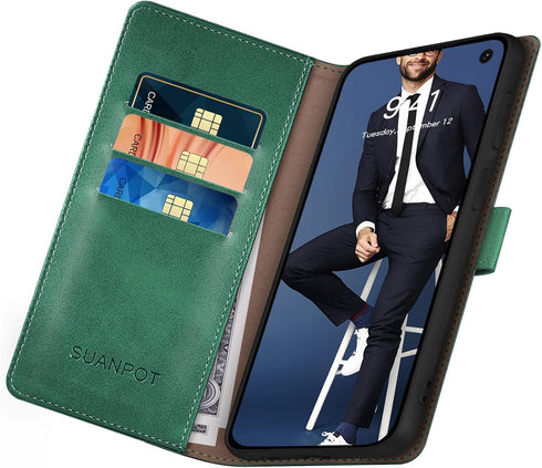 SUANPOT Samsung Galaxy S10 6.1" Wallet Case - RFID Blocking Leather Flip Folio Book Phone Case, Shockproof, Green