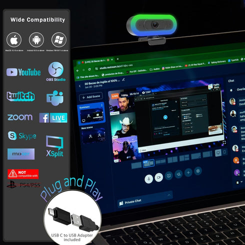 Hrayzan 2K 65 USB-C Webcam with Ring Light/Fill RGB Light, Privacy Cover, Built-in Dual Microphone, FOV, Plug & Play