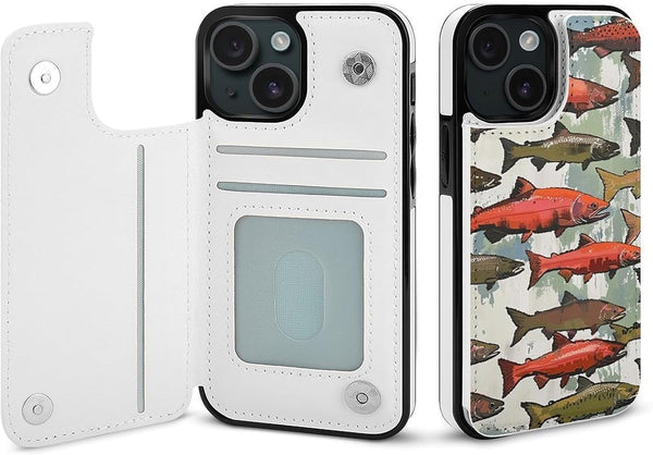 ZHANLEI Salmon Printed Phone Wallet Case for iPhone 15 Case, Flip PU Leather