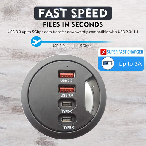 Grommet Desk-Fit USB 3.0 Hub, 2 Port Type A & 2 Port Type C, Compatible Charging and Data Transmission