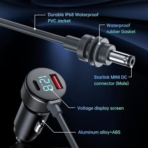 Generic 3-in-1 10ft/3m, 12-48V Starlink Mini Cable High Speed Charging USB C/USB A Ports, Starlink mini car Charger