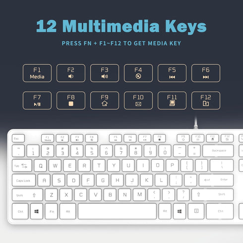 Wired USB Keyboard, Comfortable Quiet Chocolate Keys, Durable Ultra-Slim QWERTY Layout for PC, Windows 11/10/8/7 - White