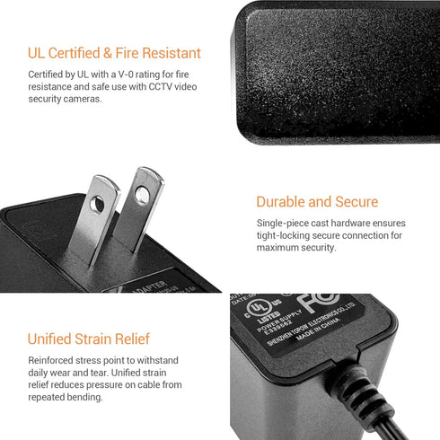 TIGERSECU UL Certified Security Camera Power Adapter, 12V 1A 100V-240V, 2.1x5.5mm Power Supply, Compatible with Lorex,