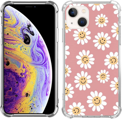 Indie Smile Face Flower Daisy Power Case for iPhone 13, Hippie Retro 90s Pink Aesthetic for Girls Boys Women Men