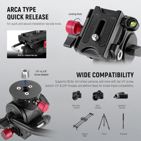 NEEWER Fluid Tripod Head with Handle, Aluminum Alloy Panorama Drag Pan Tilt Head, Max Load: 3kg/6.6lb, GM23 Red