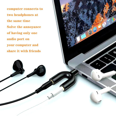 Mini U Shape Headphone Mic Splitter, 1 Male to 2 Female AUX Audio Converter, 2 Pack