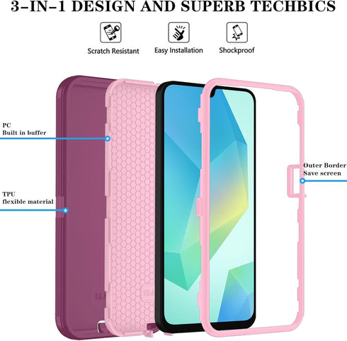 Qinmay A16 5G 3-Layer A16,WineRedPink Phone Case for Samsung Galaxy Case with HD Screen Protector, Heavy Duty