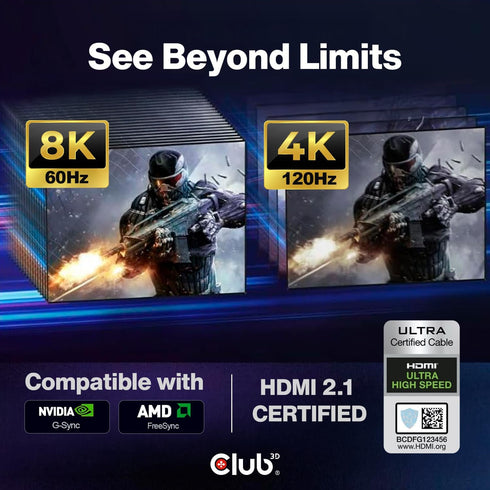 Club3D CAC-1372 2.1 4K 120Hz 8K 60Hz 2m 6.56ft Ultra High Speed HDMI Certified Cable M/M