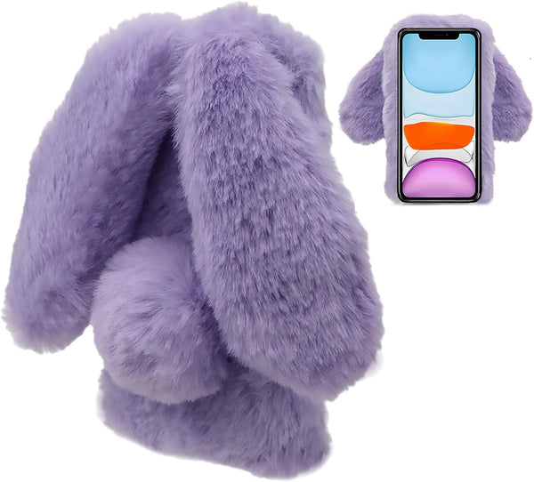 LCHDA Cute 3D Bunny Ears Phone Case for iPhone 13 Mini, Soft Furry Hairball TPU Bumper, Purple