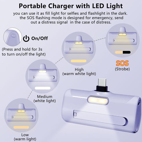 Small USB C Portable Charger, 5000mAh Mini Power Bank with Built-in Phone Stand and LED Light, Compatible with iPhone15