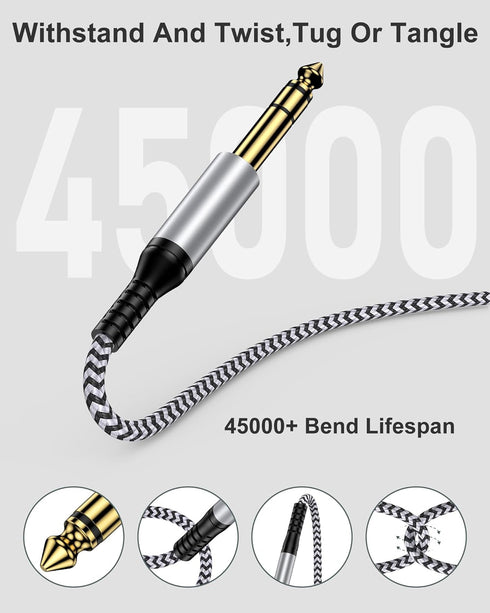 6.35mm 3.5mm 1/4" 1/8" 6.6FT to Audio Cable, Braided TRS Male to Male Adapter Cord, Bidirectional Stereo Aux for iPhone