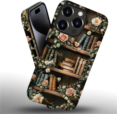 Akinmi 16 16 Case for iPhone Pro,Vintage Flowers Entwined Bookshelf Exquisitely Pattern Double Protective Phone Cover