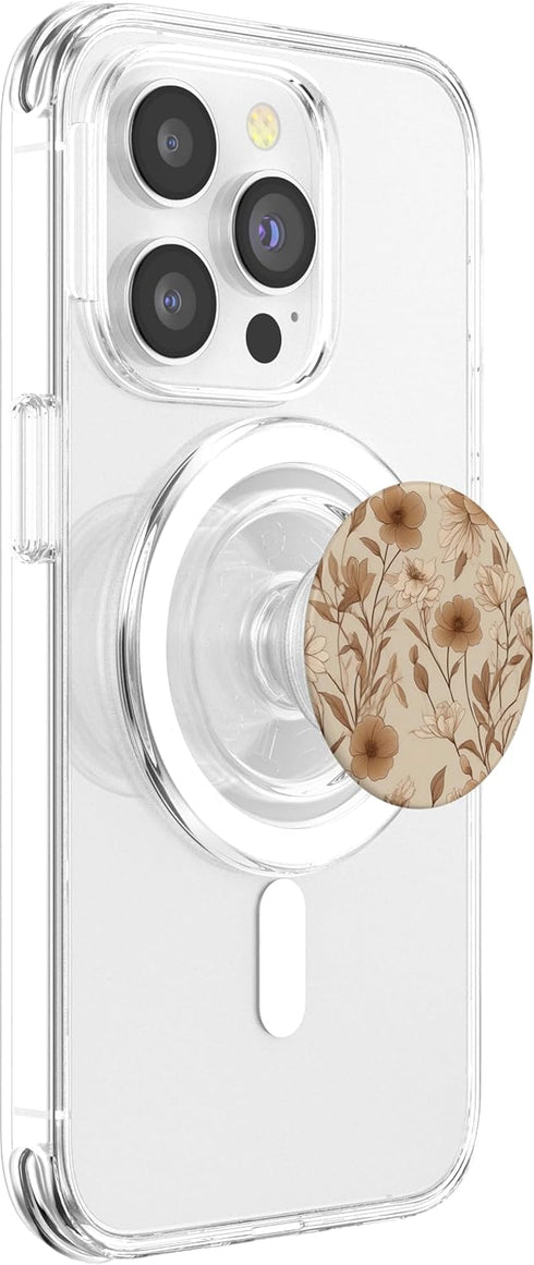 Minimalist Floral Line Art Boho Aesthetic Light Brown Cream PopSockets MagSafe PopGrip for iPhone