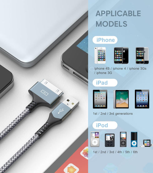AviBrex USB to 30 Pin Charging Cable 3.3ft 2-Pack, USB Fast Charging & Sync Data Cable Nylon Braided Cord Compatible iPhone 4/4s/3G/3GS, iPad 1 2 3,iPod Touch 4 3 2 1, iPod Classic 3 2 1-Grey