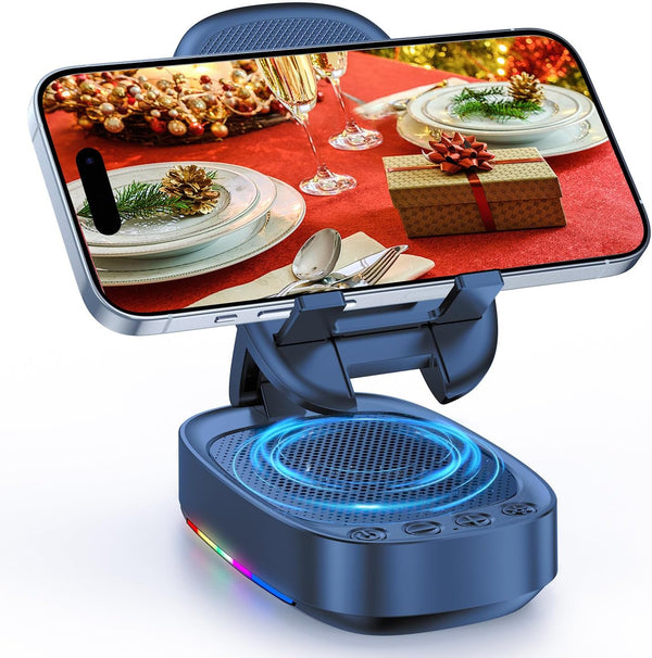 Adjustable Phone Holder with Wireless Bluetooth Speaker, 5 Colorful LED Modes, Anti-Slip Base, HD Surround Sound,