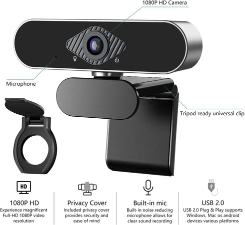 Wennyn 1080P 1080P 360 Webcam HD with Microphone & Privacy Cover, USB Web Cam with Live Streaming HD Video for Mac, PC