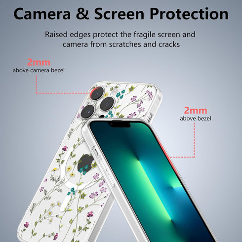RALEAVO Clear Floral Case for iPhone 13 Pro - Slim, Shockproof, MagSafe Compatible, Cute Flower Branch Design for Women.