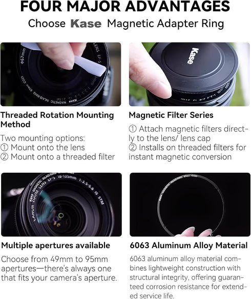 82mm 0.5s Kase Magnetic Adapter Ring, Aviation Aluminum Snap-On Frame for CPL/ND/UV Filters, No Light Leak & Vignette