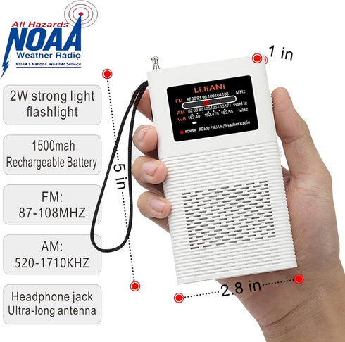 NOAA Weather Radio Portable AM FM Transistor, Battery Operated by 1500MAH Battery, Strong Flashlight Emergency SOS Alarm