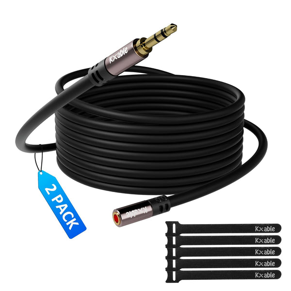 4ft 3.5mm Extension Cable (2 Pack) - Male to Female Stereo, Gold Plated, OFC Core, Hi-Fi Sound, Black with 5 Cable Ties.