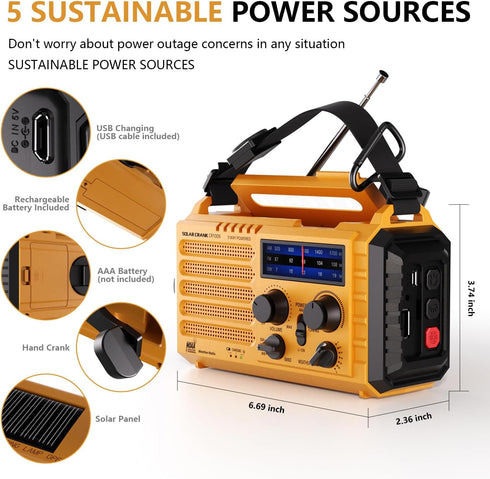 Emergency Radio 5000 Hand Crank Solar Weather Radio, 5-Way Power Survival Portable Radio with Flashlight & Charger