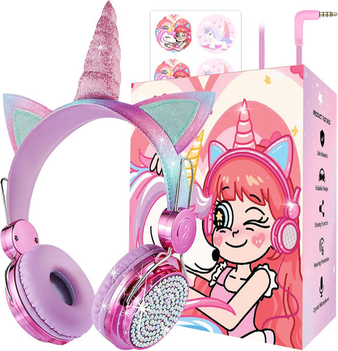 Hot Pink Kids Unicorn Headphones with Mic, 95dB Volume Limited, Shareport, On/Over Ear Wired, Perfect for School/Travel.