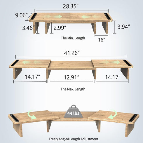 Zimilar Large Oak Dual Monitor Stand Riser with Adjustable Length and Angle, Wood Monitor Stand for 2 Monitors with