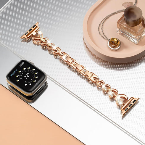 Dainty Heart Bands for Apple Watch 38mm 40mm 41mm 42mm, Adjustable Bling Metal Strap for Women, Rose Gold