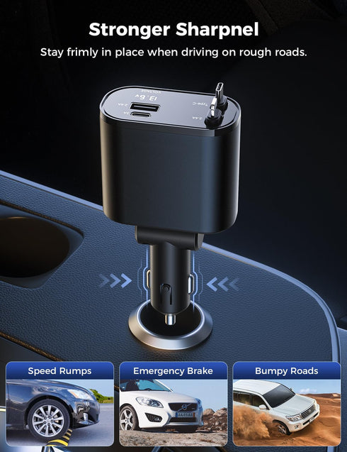 SUPERONE Retractable Car Charger for iPhone, 4 in 1 USB C Adapter with Dual Lightning Cables, PD 60W Fast Charging