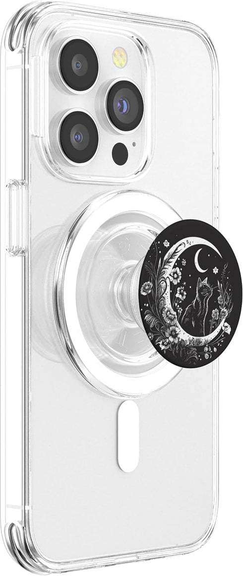 Cat Sitting On Crescent Moon Flowers Stars Drawing PopSockets PopGrip for MagSafe Phone Accessories