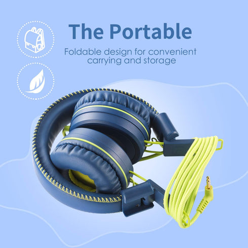 POWMEE M1 Kids Headphones Wired, Foldable Adjustable Stereo, Tangle-Free, 3.5MM Jack On-Ear (Blue)