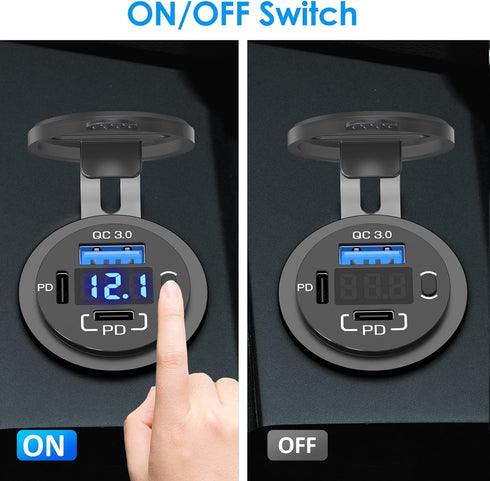 12V USB Outlet Qidoe USB C Car Charger Socket Dual PD 30W and 18W QC3.0 Port with Voltmeter Button Switch, Lengthened