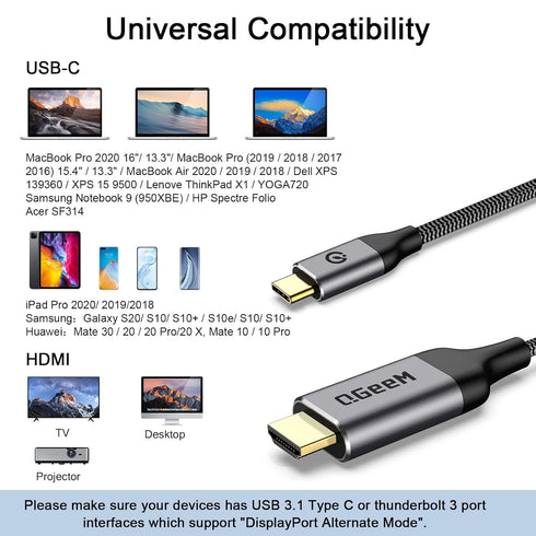 QGeeM 10ft USB C to HDMI Cable Adapter, Braided 4K@60Hz, Compatible with iPhone 15 Pro Max, MacBook Pro