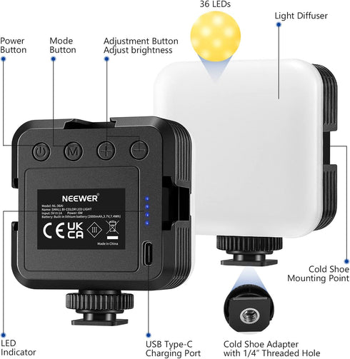 NEEWER LED Video Light, Portable Bi-Color 3200K~5600K Dimming Lights for Cameras, 2000mAh Rechargeable Battery