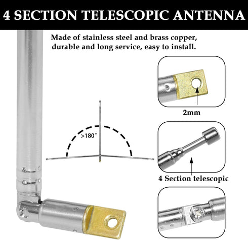 Aifeier ET 2Pcs 24 Inch 4 Telescopic Antenna, Long Section Stainless Steel Radio Antenna for Audio, TV Tuners, Radio