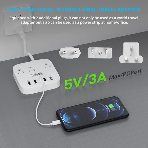 European Travel Plug Adapter, FOVAL EU UK US Power Strip with USB C, 4 USB Ports, 3 AC Outlets