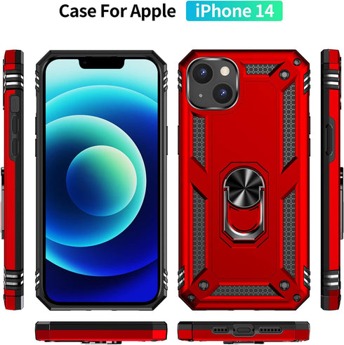 Military Grade Shockproof Case for iPhone 14, 360 Metal Rotating Ring Kickstand Holder Armor, Purple