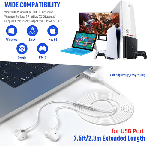 USB Headphone for PC Laptop Magnetic Wired Earbuds Computer Headset with Microphone Control Mute Mic Lightweight Noise Canceling in-Ear Corded Gaming Earphones for MacBook Pro Office Work School Zoom