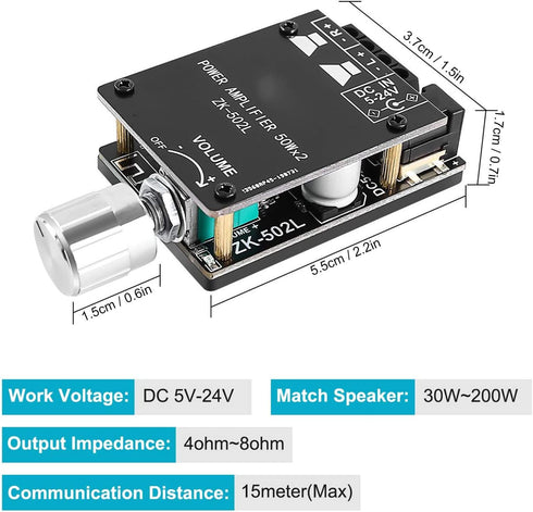 ZK-502L Bluetooth Power Amplifier Board, 5.0 Stereo Audio Receiver for DIY Speakers, 5-24V