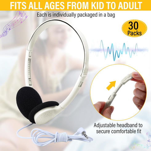 Konohan 30 Pack Headphones for Kids, Adjustable On-Ear Classroom Headphones with 3.5 mm Jack