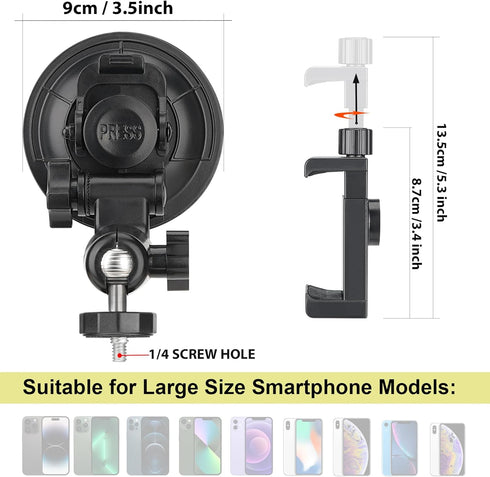 Heavy Duty Super F90mm Suction Cup with Adjustable Dual-Ball-Head Mount for GoPro, Dash Cam