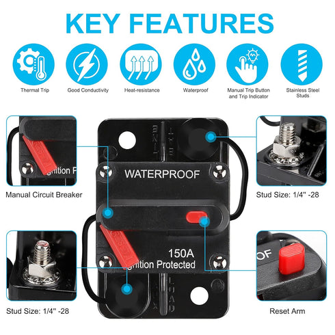 150 AMP Fuse Holders - Audio Circuit Breaker, Reset Fuse Inverter, 12V-48V DC Fuse Holder, Replace Fuses with Reset