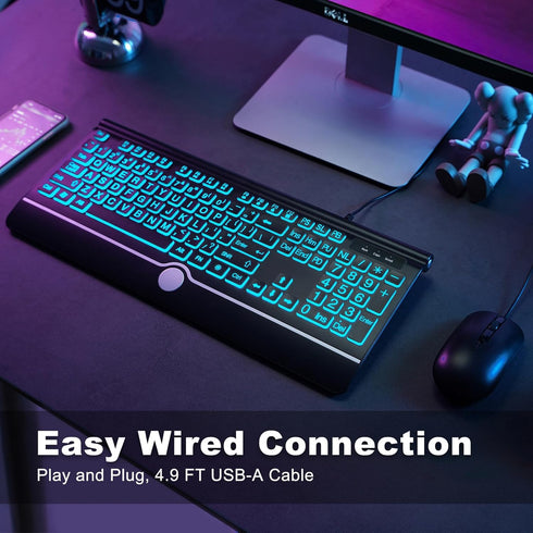 Wired Gaming Keyboard, Full-Size 7-Color Backlit with Wrist Rest, USB Plug-and-Play for PC, Laptop