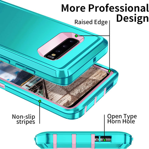 Galaxy S10 Case, Heavy Duty Shockproof Dust/Drop Proof 3 Layers Full Body Protection Rugged Case, Mint Green/Pink