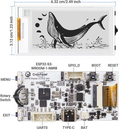 IoTeikXgo 2.13 Inch ESP32-S3 122 250 E-Ink Display with Development Board, Black/White E-Paper Display with x