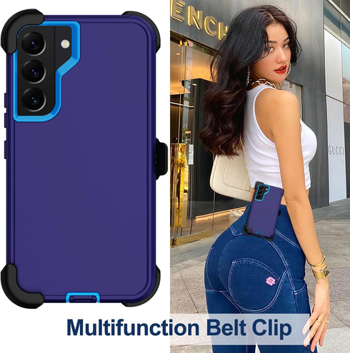 Samsung Galaxy S22 Case with Belt Clip Holster, 2X Screen Protector, Military Grade Heavy Duty Shockproof Cover (Blue)