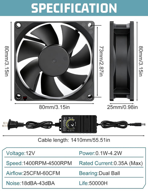 80mm 12v 110v 220v dc Small Computer Fan with AC Plug Variable Speed Dual Ball Bearing for Cooling Laptop Electronics