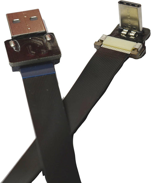 Long Black FFC USB C FPV Flat Slim Thin Ribbon FPC Cable, USB Type-C 90 Degree to Standard USB A for Sync and Charging
