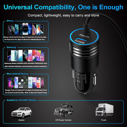 60W Super Fast Charging Android Car Charger Type C Rapid Samsung Car Charger with 3ft Built-in USB C Cable for Samsung